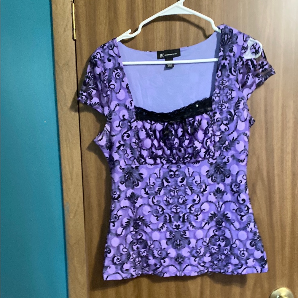 Inc International Concepts Purple & Black Patterned Short Sleeve Blouse